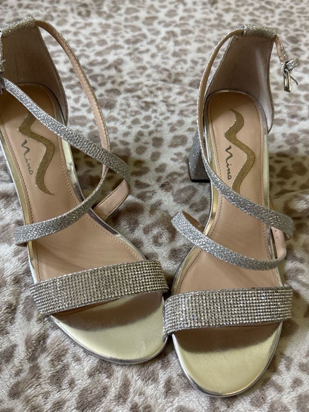 Nina Silver Rhinestone Strappy Block Heel Sandals